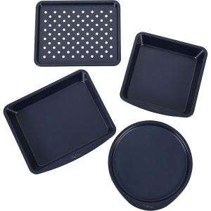 Wilton Diamond-Infused 4 Piece Nonstick Toaster Oven Baking Set, Navy Blue Bakeware for Small Batches, Durable & Metal Utensil Safe, Dishwasher Safe Baking Pan(Assorted/RNUM)