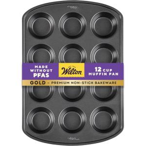 Wilton Gold Non-Stick 12 -Cup Muffin Pan, Stainless Steel Bakeware, Made without PFAS, 10.5 x 15 x 1.4 in, Packaging May Vary(Standart: 10.5 x 15 x 2 in. 12-cup pan)