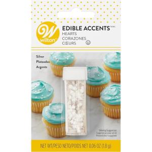 Wilton Heart Edible Accents, Shimmering Gold Cake Decorations for Cupcakes, Cookies & Desserts, 0.06 oz, Pink(Silver Hearts)